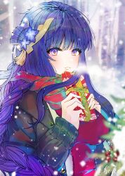 Rule 34 | 1girl, alternate costume, artist name, bad id, bad pixiv id, blue pupils, blurry, box, braid, branch, breasts, breath, bright pupils, brown coat, buttons, casual, chinese commentary, christmas present, coat, cold, commentary, commentary request, contemporary, day, depth of field, fingernails, flower, forest, genshin impact, gift, gift box, green ribbon, hair ornament, holding, holding gift, holly, long hair, long sleeves, looking at viewer, low-braided long hair, low-tied long hair, medium breasts, mole, mole under eye, nature, obeycat, outdoors, parted lips, purple eyes, purple flower, raiden shogun, red scarf, red sweater, ribbon, scarf, signature, snow, snowing, solo, sweater, taut sweater, tree, upper body, winter, winter clothes, winter coat, yellow ribbon