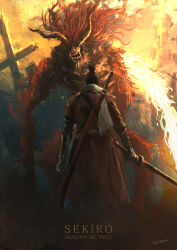 Rule 34 | 1boy, artist name, black hair, character name, copyright name, cross, demon of hatred, fire, from behind, highres, holding, holding sword, holding weapon, horns, long hair, looking at another, monster, red hair, sekiro, sekiro: shadows die twice, sharp teeth, short hair, sword, teeth, tripdancer, weapon