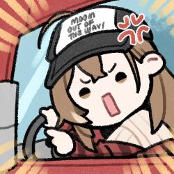 Rule 34 | 1girl, anger vein, baseball cap, black headwear, brown eyes, brown hair, clipe, crossed bangs, driving, english text, flannel, hat, hololive, hololive english, lowres, motor vehicle, multicolored hair, nanashi mumei, nanashi mumei (casual), plaid, pointing, rectangular mouth, red shirt, semi truck, shirt, steering wheel, streaked hair, sweater, truck, virtual youtuber, white sweater