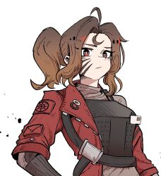 Rule 34 | 1girl, armor, breastplate, brown hair, brown shirt, closed mouth, commentary, commission, copyright request, english commentary, forehead, han gong, jacket, looking at viewer, open clothes, open jacket, parted bangs, red eyes, red jacket, shirt, short sleeves, simple background, solo, upper body, white background