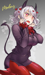 Rule 34 | 1girl, black horns, black skirt, breasts, character name, commentary request, demon girl, demon tail, drooling, gradient background, grey background, heart, heart-shaped pupils, helltaker, horns, kobato neneko, large breasts, long sleeves, modeus (helltaker), mouth drool, open mouth, pantyhose, pencil skirt, red eyes, red pantyhose, red sweater, ribbed sweater, short hair, skirt, solo, sweater, symbol-shaped pupils, tail, wavy mouth, white hair
