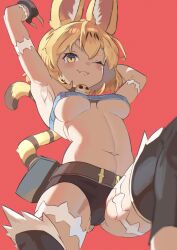 Rule 34 | 1girl, :3, absurdres, animal ears, armpits, arms up, bare shoulders, belt, belt pouch, black gloves, black leggings, blonde hair, blue shirt, blush, breasts, brown belt, cat ears, cat tail, commentary, cosplay, covered erect nipples, crop top, detached leggings, extra ears, fangs, fangs out, fingerless gloves, fingernails, foot out of frame, gloves, hair between eyes, highres, kemono friends, leggings, looking at viewer, medium breasts, midriff, ms. fortune (skullgirls), ms. fortune (skullgirls) (cosplay), navel, one eye closed, osnmykk, pouch, red background, scar, serval (kemono friends), sharp fingernails, shirt, short hair, short shorts, shorts, simple background, skullgirls, sleeveless, sleeveless shirt, slit pupils, smile, solo, tail, underboob, v-shaped eyebrows, yellow eyes
