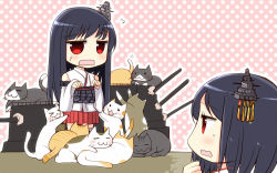 Rule 34 | 10s, 2girls, black hair, cat, detached sleeves, fusou (kancolle), hair ornament, kantai collection, long hair, machinery, multiple girls, nontraditional miko, open mouth, pleated skirt, red eyes, short hair, skirt, sweat, teramoto kaoru, too many, too many cats, turret, yamashiro (kancolle)