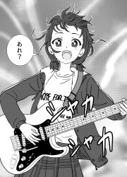 Rule 34 | 1girl, absurdres, chinese commentary, commentary request, electric guitar, girls band cry, greyscale, guitar, highres, holding, holding plectrum, iiko (mesida), instrument, iseri nina, jacket, looking at viewer, monochrome, open clothes, open jacket, open mouth, plaid, plaid skirt, playing guitar, plectrum, shirt, short twintails, skirt, smile, speech bubble, translation request, twintails, upper body