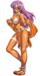 Rule 34 | 1girl, anklet, bracelet, breasts, dark-skinned female, dark skin, dragon quest, dragon quest iv, earrings, full body, highres, jewelry, large breasts, loincloth, long hair, looking at viewer, lots of jewelry, manya (dq4), pelvic curtain, purple hair, red eyes, sandals, simple background, solo, thigh strap, uchiu kazuma, white background