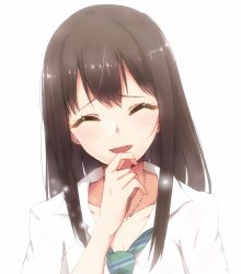 Rule 34 | 1girl, black hair, blush, closed eyes, collarbone, earrings, hand to own mouth, highres, idolmaster, idolmaster cinderella girls, jewelry, long hair, necklace, necktie, open mouth, ryuu., shibuya rin, shirt, simple background, smile, solo, striped legwear, white background, white shirt