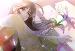 Rule 34 | 1girl, ahoge, alternate costume, backlighting, black eyes, black hair, commentary, floral print, flower, girls und panzer, half-closed eyes, holding, holding flower, isuzu hana, japanese clothes, kimono, light particles, light smile, lily (flower), long hair, long sleeves, looking at viewer, lying, obi, on side, parted lips, print kimono, sash, solo, sunlight, wide sleeves, yellow kimono, yurikuta tsukumi