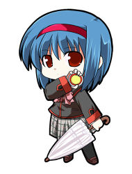 Rule 34 | 1girl, blue hair, brown eyes, chibi, closed umbrella, compact (cosmetics), cosmetics, female focus, full body, hairband, kannazuki yukito, little busters!, lowres, nishizono mio, plaid clothes, plaid skirt, school uniform, short hair, simple background, skirt, solo, thighhighs, umbrella, white background