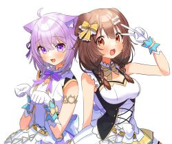 Rule 34 | 2girls, :3, alternate costume, animal ears, armlet, bare arms, blush, bow, bowtie, cat ears, cat girl, cross-laced clothes, dog ears, dog girl, framed breasts, gloves, hair ornament, hair ribbon, highres, hololive, idol, inugami korone, kuma daigorou, looking at viewer, miniskirt, multiple girls, nekomata okayu, nonstop story, official alternate costume, open mouth, paw pose, ribbon, simple background, skirt, smile, underbust, v over eye, virtual youtuber, white background, white gloves