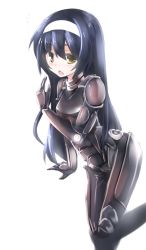 Rule 34 | 10s, 1girl, armor, black hair, blush, bodysuit, breastplate, crossover, gauntlets, girls und panzer, hairband, knee pads, legendary pictures, long hair, open mouth, pacific rim, pan pacific defense corps, reizei mako, shoulder pads, solo, tears, tilt-shift (azalanz), tired, yellow eyes