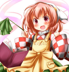 Rule 34 | 1girl, :d, bad id, bad pixiv id, bell, book, character name, checkered clothes, checkered kimono, cleaning, duster, hair bell, hair ornament, head scarf, ishimori sakana, japanese clothes, kimono, motoori kosuzu, open mouth, orange hair, red eyes, short hair, smile, solo, touhou