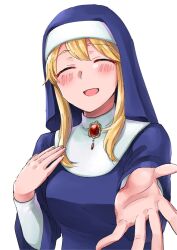 Rule 34 | 1girl, blonde hair, blue dress, blue headwear, blush, breasts, clarice (idolmaster), closed eyes, dress, habit, hand on own chest, hands up, idolmaster, idolmaster cinderella girls, idolmaster cinderella girls starlight stage, long hair, long sleeves, medium breasts, namiko817, nun, open hand, open mouth, reaching, reaching towards viewer, red brooch, sidelocks, simple background, smile, solo, upper body, veil, white background