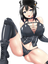Rule 34 | 1girl, :p, akitsu maru (kancolle), alternate costume, amau (kosmos), arm behind back, bare shoulders, black footwear, black gloves, black hair, black hat, black neckwear, black theme, black thighhighs, blue eyes, blush, boots, breasts, choker, cleavage, corset, cross-laced clothes, cross-laced footwear, crotch zipper, elbow gloves, gloves, gluteal fold, half-closed eyes, hat, head tilt, highres, kantai collection, knee boots, knee up, lace-up boots, large breasts, latex, latex boots, looking at viewer, navel, peaked cap, platform boots, platform footwear, shiny clothes, shiny skin, short hair, simple background, sitting, skin tight, smile, solo, spread legs, stomach, thighhighs, tongue, tongue out, white background, zipper