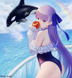 Rule 34 | 1girl, absurdres, animal, apple, ass, back, bad id, bad pixiv id, bare shoulders, biting, blue eyes, blue ribbon, choker, cloud, commentary, day, eating, fate/grand order, fate (series), food, frilled one-piece swimsuit, frills, fruit, glass, hair ribbon, highleg, highleg swimsuit, highres, huge filesize, lichiko, long hair, long sleeves, looking at viewer, meltryllis, meltryllis (fate), meltryllis (swimsuit lancer) (fate), meltryllis (swimsuit lancer) (second ascension) (fate), ocean, off-shoulder one-piece swimsuit, off shoulder, one-piece swimsuit, orca, outdoors, puffy sleeves, purple hair, railing, rainbow, ribbon, sky, sleeves past fingers, sleeves past wrists, splashing, swimsuit, thighs, twitter username, very long hair, water