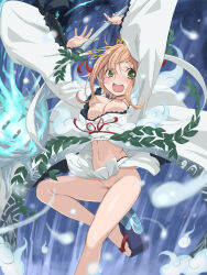 Rule 34 | 1girl, blonde hair, breasts, censored, feet, foot out of frame, green eyes, highres, japanese clothes, legs, long sleeves, magia record: mahou shoujo madoka magica gaiden, magical girl, mahou shoujo madoka magica, medium breasts, medium hair, miko, mosaic censoring, nipples, no bra, no panties, open mouth, pussy, sandals, satori kagome, toenails, toes, you2