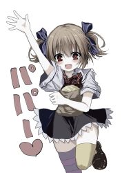 Rule 34 | 1girl, :d, arm up, asymmetrical legwear, bag, black skirt, blue bow, blush, bow, bread, brown hair, fang, food, grisaia (series), grisaia no kajitsu, hair bow, happy, heart, highres, holding, holding bag, irisu makina, kasukasugom1, looking at viewer, melon bread, miniskirt, mismatched legwear, open mouth, plaid, plaid bow, red bow, red eyes, school uniform, shirt, short hair, short sleeves, short twintails, skin fang, skirt, smile, solo, standing, standing on one leg, striped clothes, striped thighhighs, thighhighs, thighs, translated, twintails, waving, white shirt, yellow thighhighs, zettai ryouiki