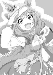 Rule 34 | 1girl, animal ears, belt bag, blush, breasts, clothing cutout, commentary request, destino, hair between eyes, hair ornament, hairclip, hat, highres, horse ears, horse girl, horse tail, looking at viewer, matikane tannhauser (umamusume), medium breasts, medium hair, monochrome, open mouth, salute, shoulder cutout, simple background, solo, tail, umamusume