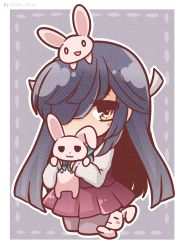 Rule 34 | 10s, 1girl, animal, animal ears, animal on head, artist name, black hair, bloom2425, bow, bowtie, chibi, hair over one eye, hair ribbon, hayashimo (kancolle), hime cut, holding, holding animal, kantai collection, long hair, looking at viewer, on head, pantyhose, rabbit, rabbit on head, ribbon, school uniform, simple background, skirt, solo, twitter username, very long hair