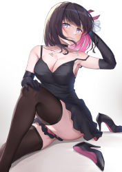 Rule 34 | 1girl, azki (hololive), black choker, black dress, black footwear, black gloves, black hair, black thighhighs, blue eyes, blush, breasts, choker, cleavage, closed mouth, dress, elbow gloves, gloves, hair ornament, hand in own hair, high heels, highres, hololive, jewelry, knee up, large breasts, looking at viewer, medium hair, multicolored hair, necklace, pink hair, shoes, unworn shoes, shougun (chuckni1), sitting, smile, solo, thighhighs, thighs, virtual youtuber