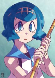 Rule 34 | 1girl, :o, aqua background, bare arms, bare shoulders, black one-piece swimsuit, blue eyes, blue hair, blue sailor collar, blush, bright pupils, chawalit adsawawalanon, creatures (company), fingernails, fishing rod, game freak, gradient background, hairband, highres, holding, lana (pokemon), looking at viewer, nintendo, one-piece swimsuit, open mouth, pokemon, pokemon sm, sailor collar, shirt, short hair, sleeveless, sleeveless shirt, solo, swimsuit, swimsuit under clothes, trial captain, upper body, white shirt