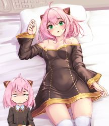 Rule 34 | 1girl, aged up, ahoge, anya (spy x family), blush, brown dress, child, dress, dress shirt, green eyes, hairpods, highres, lying, medium hair, monikano, on back, open mouth, pink hair, shirt, solo, spy x family, thighhighs, white thighhighs
