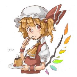 Rule 34 | 1girl, :t, ascot, blonde hair, cake, cherry, eating, female focus, flandre scarlet, food, food on face, fruit, hair bobbles, hair ornament, hat, jpeg artifacts, low wings, name connection, nu ma, numa (minus 4k), object namesake, plate, pudding, short hair, side ponytail, solo, sweets, touhou, upper body, wings, wrist cuffs