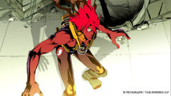 Rule 34 | 1boy, colored skin, machinery, official art, promotional art, red hair, red skin, rubble, silhouette, tailenders, tomoe shiro