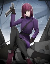 Rule 34 | 1girl, artist name, belt, black gloves, black pants, boots, brown eyes, commentary, darkpulsegg, earclip, english commentary, eyepatch, foot out of frame, gloves, gun, handgun, highres, holding, holding gun, holding weapon, jacket, long sleeves, looking at viewer, medium hair, open mouth, original, pants, parted lips, purple footwear, purple hair, purple jacket, ringed eyes, scar, scar across eye, scar on face, scar on mouth, sitting, solo, weapon
