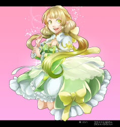 Rule 34 | 1girl, arch bishop (ragnarok online), blonde hair, blunt bangs, bow, braid, breasts, cleavage, cleavage cutout, clothing cutout, commentary request, cross, dress, dress bow, flowery peko, french braid, frilled dress, frilled sleeves, frills, full body, gold trim, highres, juliet sleeves, jumping, letterboxed, long hair, long sleeves, looking at viewer, low twintails, medium bangs, medium breasts, official alternate costume, open mouth, pink background, pointy ears, puffy sleeves, ragnarok online, smile, solo, teeth, translation request, twintails, two-tone dress, white dress, yellow bow, yellow eyes