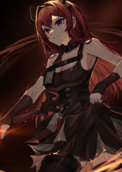 Rule 34 | absurdres, arknights, armband, bare shoulders, belt, black belt, black dress, black thighhighs, breasts, chest belt, cleavage, detached collar, dress, hair between eyes, hair intakes, highres, holding, holding sword, holding weapon, horns, large breasts, long hair, molyb, purple eyes, red hair, short dress, solo, surtr (arknights), sword, thighhighs, weapon