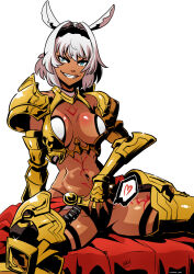 Rule 34 | 1girl, alternate costume, armor, blue eyes, breasts, caenis (fate), dark-skinned female, dark skin, evil smile, fate (series), gauntlets, gold, gold armor, highres, kukuruyo, large breasts, looking at viewer, navel, sitting, smile, tattoo, tongue, tongue out, white background, white hair