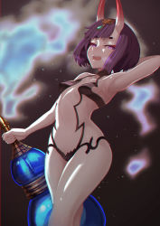 Rule 34 | 1girl, absurdres, arm behind head, arm up, armpits, bare shoulders, bob cut, breasts, collarbone, dh ead, eyeliner, fate/grand order, fate (series), gourd, headpiece, highres, horns, looking at viewer, makeup, navel, oni, open mouth, purple eyes, purple hair, revealing clothes, short hair, shuten douji (fate), skin-covered horns, small breasts, smile, solo, thighs