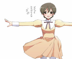 Rule 34 | 00s, 1girl, brown hair, dress, fujioka haruhi, open mouth, ouran high school host club, outstretched arms, pantyhose, short hair, simple background, smile, solo, spread arms, white background, white pantyhose, yatsune rika