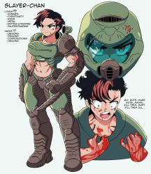 Rule 34 | 1girl, abs, absurdres, armor, black hair, blood, blood on face, blood on face, blood on hands, breasts, clothing cutout, cosplay, doom (series), doomguy, doomguy (cosplay), english text, helmet, highres, holding, holding weapon, knife, mango away, midriff, multicolored hair, muscular, muscular female, power armor, scar, scar on face, short hair, stomach cutout, tsurime, two-tone hair, very short hair, weapon, yellow eyes