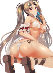 Rule 34 | 1girl, ass, bare shoulders, bikini, breasts, brown eyes, brown hair, butt crack, cleavage, collarbone, earrings, eyewear on head, fate/grand order, fate (series), food, hair ornament, highres, hinata sora, jewelry, kneeling, long hair, looking back, medium breasts, multiple earrings, navel, open clothes, popsicle, robe, sandals, solo, sunglasses, swimsuit, thighs, twintails, very long hair, white background, white bikini, yu mei-ren (fate), yu mei-ren (swimsuit lancer) (fate)