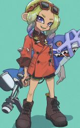 Rule 34 | 1boy, aerospray (splatoon), aqua background, black shorts, blue eyes, blue hair, brown footwear, commentary request, cross-laced footwear, eyewear on head, full body, gradient hair, green hair, gun, highres, holding, holding gun, holding weapon, long hair, looking at viewer, multicolored hair, nastar r0, nintendo, octoling, octoling boy, octoling player character, open mouth, red eyes, red shirt, reefslider (splatoon), sharp teeth, shirt, shoes, shorts, simple background, smile, solo, splatoon (series), splatoon 3, standing, sunglasses, teeth, two-tone hair, weapon