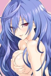 Rule 34 | 1girl, blue hair, breasts, covering privates, covering breasts, eyes visible through hair, iris heart, iwashi dorobou -r-, kami jigen game neptune v, large breasts, long hair, looking at viewer, neptune (series), nude, red eyes, smile, solo, symbol-shaped pupils, very long hair