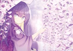 Rule 34 | 1girl, black hair, black kimono, closed mouth, commentary request, floral print, flower, green eyes, hair between eyes, hand up, holding, holding umbrella, japanese clothes, kavka, kimono, long hair, long sleeves, looking at viewer, looking to the side, oil-paper umbrella, original, print kimono, purple theme, smile, solo, umbrella, very long hair, white umbrella, wide sleeves, wisteria