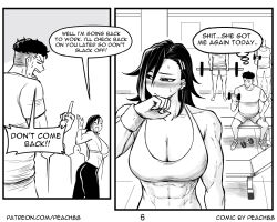 Rule 34 | 1boy, 1girl, arm scrunchie, barbell, blush, breasts, cleavage, comic, dumbbell, ear piercing, english text, greyscale, large breasts, middle finger, monochrome, original, peach88, piercing, short hair, sweat, tomboy, toned, tsundere