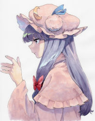 Rule 34 | 1girl, blue ribbon, bow, crescent, crescent hat ornament, dress, from side, hair bow, hand up, hat, hat ornament, hat ribbon, highres, long hair, long sleeves, mob cap, patchouli knowledge, pink dress, pink hat, purple hair, red bow, ribbon, shiratama (hockey), simple background, solo, touhou, traditional media, upper body
