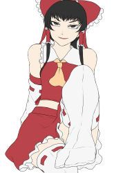 Rule 34 | 1girl, absurdres, ascot, black eyes, black hair, bow, commentary request, detached sleeves, feet, flat color, foot out of frame, hair bow, hair tubes, hakurei reimu, highres, looking at viewer, medium hair, midriff, nicutoka, red bow, red skirt, ribbon-trimmed thighhighs, ribbon trim, simple background, sitting, skirt, smile, solo, tabi, thighhighs, touhou, white background, white thighhighs, yellow ascot