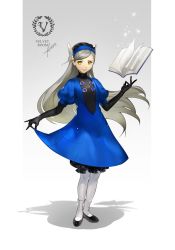 Rule 34 | 1girl, absurdres, blue dress, blue hairband, book, btmr game, butterfly hair ornament, dress, grey hair, hair ornament, hairband, highres, lavenza (persona 5), long hair, pantyhose, persona, persona 5, puffy short sleeves, puffy sleeves, shadow, short sleeves, signature, simple background, skirt hold, smile, solo, sparkle, standing, velvet room, white pantyhose, yellow eyes