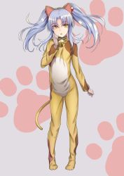 Rule 34 | 1girl, animal costume, animal ears, bell, cat costume, cat ears, cat tail, commentary request, fake animal ears, full body, grey background, hair between eyes, hair bobbles, hair ornament, hairband, highres, hoshino ruri, jingle bell, kidou senkan nadesico, looking at viewer, neck bell, open mouth, paw print, paw print background, silver hair, simple background, sody, solo, tail, twintails, yellow eyes