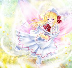 Rule 34 | 1girl, blonde hair, blurry, boots, bow, capelet, depth of field, dress, eyelashes, closed eyes, fairy wings, female focus, hat, hat ribbon, lily white, long hair, long sleeves, multicolored background, open hands, open mouth, petals, ribbon, smile, solo, touhou, tsukiori sasa, two-tone background, white dress, wide sleeves, wind, wings