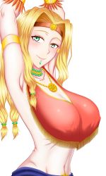 Rule 34 | absurdres, armpits, aztec, breasts, fate (series), highres, looking at viewer, poncho, quetzalcoatl (fate), shinjicoca, smile, solo, white background