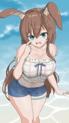 Rule 34 | 1girl, absurdres, amiya (arknights), animal ears, arknights, bare shoulders, blue background, blue eyes, blue shorts, breasts, brown hair, feet out of frame, hair between eyes, hair down, highres, jewelry, large breasts, long hair, looking at viewer, midriff, multiple rings, navel, neck ring, off-shoulder shirt, off shoulder, open mouth, pointing, pointing at another, rabbit ears, rabbit girl, redash, ring, shirt, short shorts, short sleeves, shorts, solo, swimsuit, teeth, thigh ring, thighs, very long hair, white shirt