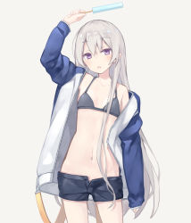 Rule 34 | 1girl, arm up, bikini, bikini under clothes, black bikini, commentary request, cowboy shot, flat chest, food, grey background, grey hair, half-closed eyes, jacket, long hair, long sleeves, looking at viewer, navel, off shoulder, open clothes, open jacket, open pants, original, pants, poco (asahi age), popsicle, purple eyes, short shorts, shorts, simple background, sleeves past wrists, solo, swimsuit, very long hair