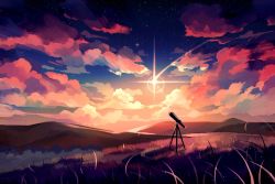 Rule 34 | blurry, bokeh, cloud, colorful, commentary, depth of field, english commentary, grass, hill, jauni (tofublock), light particles, night, night sky, no humans, original, outdoors, scenery, shooting star, sky, sparkle, star (sky), starry sky, sunlight, telescope