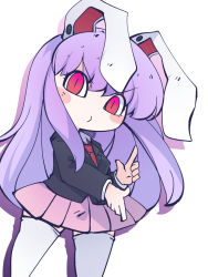 Rule 34 | 1girl, animal ears, blazer, blush stickers, chahan (fried rice0614), chibi, drop shadow, highres, jacket, long hair, looking at viewer, necktie, one-hour drawing challenge, purple hair, rabbit ears, red eyes, reisen udongein inaba, simple background, skirt, solo, thighhighs, touhou, v-shaped eyebrows, very long hair, white background, white thighhighs, zettai ryouiki