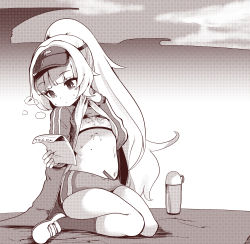 Rule 34 | 1girl, azur lane, blunt bangs, blush, buruma, closed mouth, commentary request, crop top, hand up, high ponytail, holding, jacket, long sleeves, looking away, looking to the side, midriff, monochrome, navel, open clothes, open jacket, ponytail, shoes, sitting, socks, solo, steaming body, sweat, takara akihito, thermos, track jacket, visor cap, wariza, wet, wet clothes, z46 (azur lane), z46 (girls&#039; relay) (azur lane)